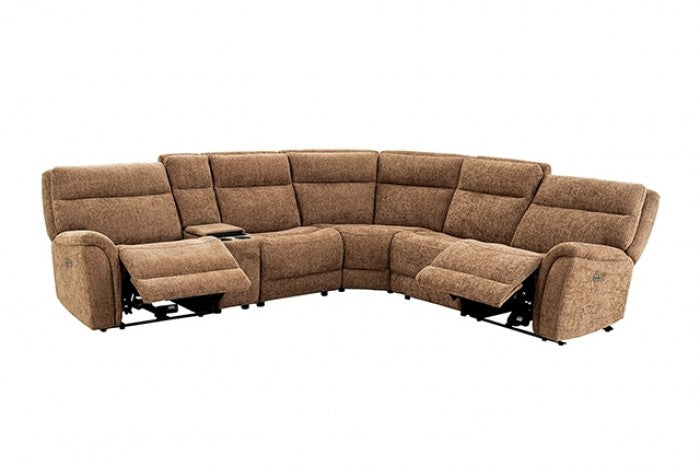 CM9944BR-SECT-PM 6 pc Mattheus cypris brown fabric sectional sofa with power motion recliner and USB chargers