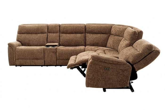CM9944BR-SECT-PM 6 pc Mattheus cypris brown fabric sectional sofa with power motion recliner and USB chargers