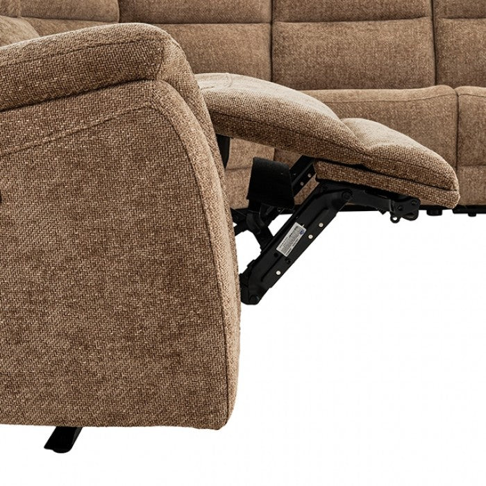 CM9944BR-SECT-PM 6 pc Mattheus cypris brown fabric sectional sofa with power motion recliner and USB chargers