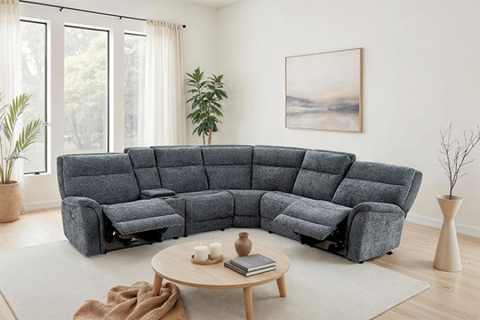 CM9944DG-SECT-PM 6 pc Mattheus charcoal grey fabric sectional sofa with power motion recliner and USB chargers