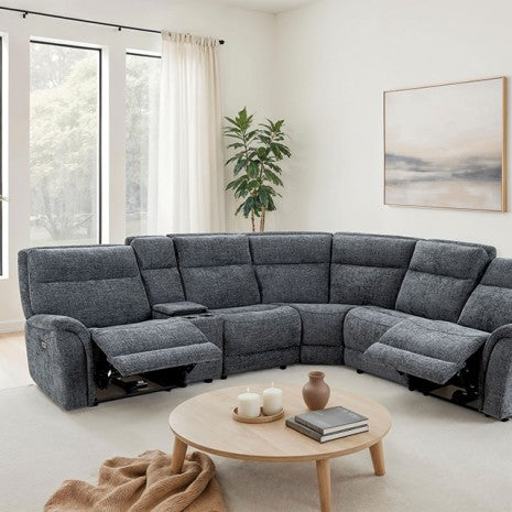 CM9944DG-SECT-PM 6 pc Mattheus charcoal grey fabric sectional sofa with power motion recliner and USB chargers