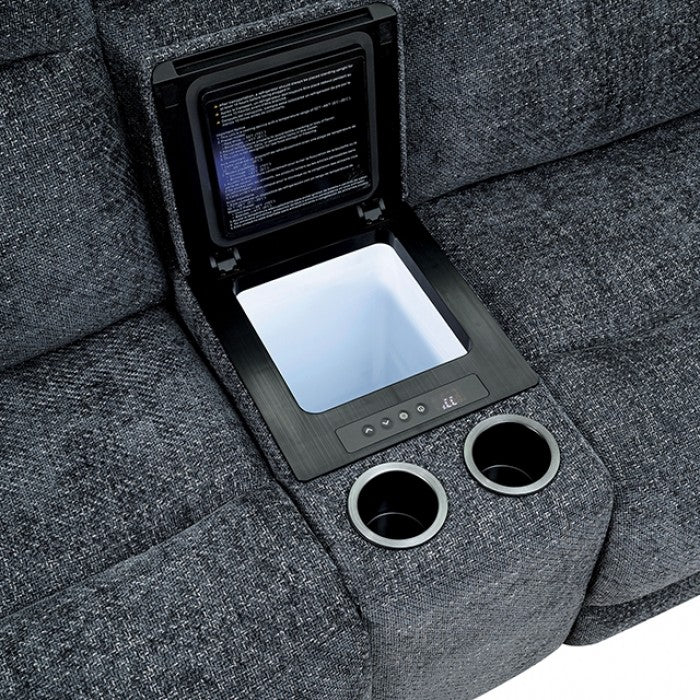 CM9944DG-SECT-PM 6 pc Mattheus charcoal grey fabric sectional sofa with power motion recliner and USB chargers