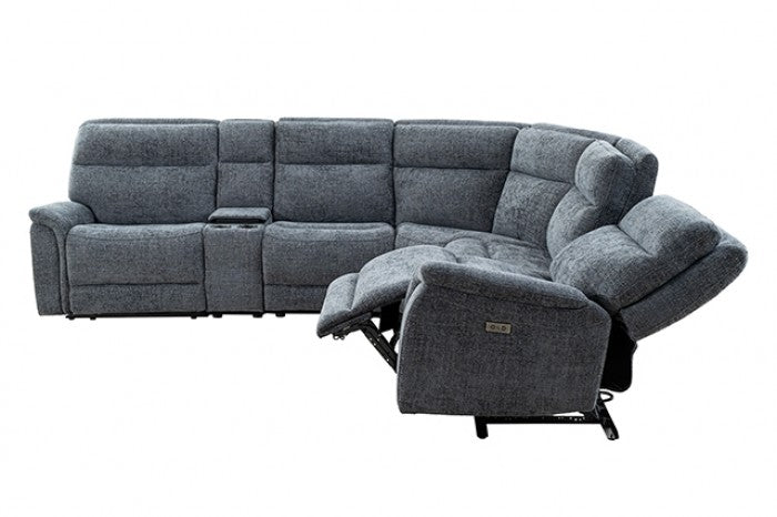 CM9944DG-SECT-PM 6 pc Mattheus charcoal grey fabric sectional sofa with power motion recliner and USB chargers