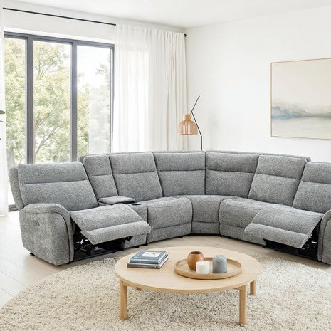 CM9944GY-SECT-PM 6 pc Mattheus grey fabric sectional sofa with power motion recliner and USB chargers