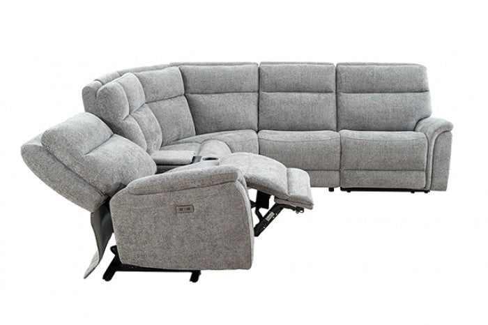 CM9944GY-SECT-PM 6 pc Mattheus grey fabric sectional sofa with power motion recliner and USB chargers