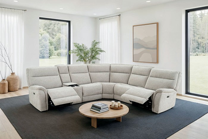 CM9944LG-SECT-PM 6 pc Mattheus dove grey fabric sectional sofa with power motion recliner and USB chargers