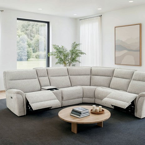 CM9944LG-SECT-PM 6 pc Mattheus dove grey fabric sectional sofa with power motion recliner and USB chargers