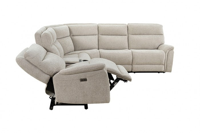 CM9944LG-SECT-PM 6 pc Mattheus dove grey fabric sectional sofa with power motion recliner and USB chargers