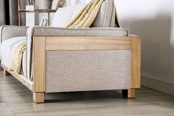 CM9983LB-2PC 2 pc A&J homes studio Harstad light brown fabric natural finish wood sofa and love seat set