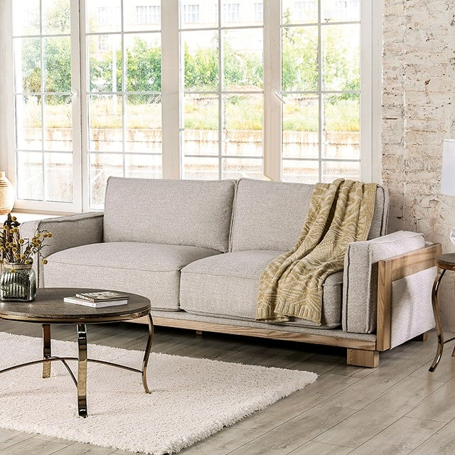 CM9983LB-2PC 2 pc A&J homes studio Harstad light brown fabric natural finish wood sofa and love seat set