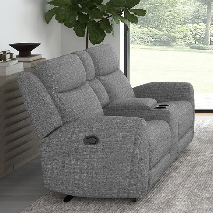 CM9985GY-2PC 2 pc Antonius grey linen like fabric sofa and love seat with recliners on each end cup console