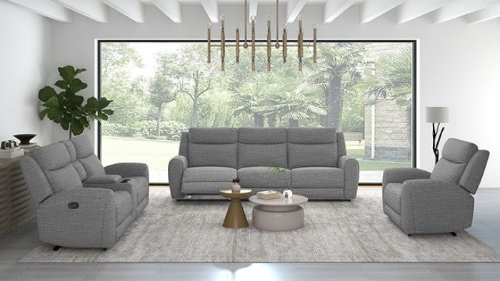 CM9985GY-2PC 2 pc Antonius grey linen like fabric sofa and love seat with recliners on each end cup console