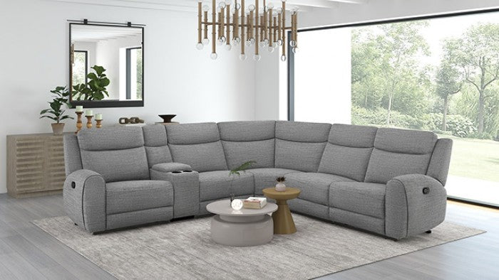 CM9985GY-SECT 3 pc Antonius grey linen like fabric sectional sofa with recliners on each end cup console