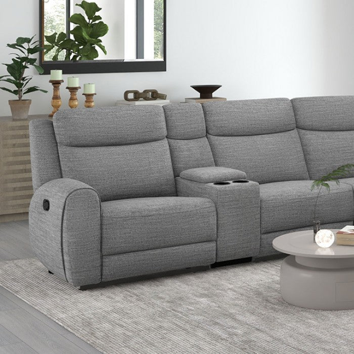 CM9985GY-SECT 3 pc Antonius grey linen like fabric sectional sofa with recliners on each end cup console