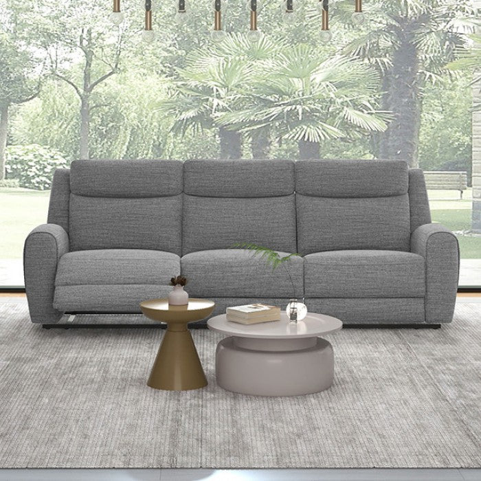 CM9985GY-2PC 2 pc Antonius grey linen like fabric sofa and love seat with recliners on each end cup console