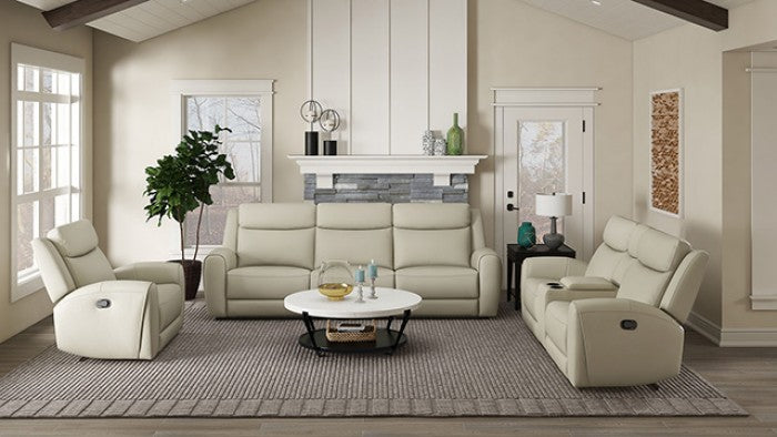 CM9986BG-2PC 2 pc Jacobus beige top grain leather sofa and love seat with recliners on each end cup console
