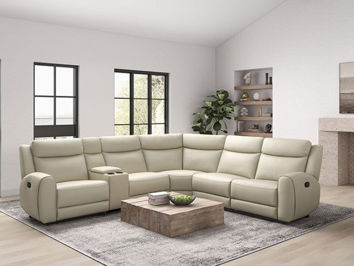 CM9986BG-SECT 6 pc Jacobus beige top grain leather sectional sofa with recliners on each end cup console