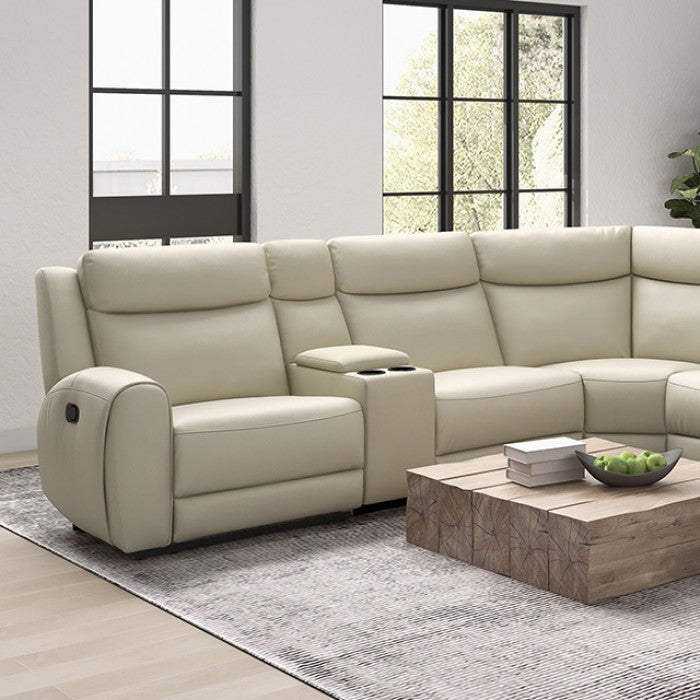 CM9986BG-SECT 6 pc Jacobus beige top grain leather sectional sofa with recliners on each end cup console