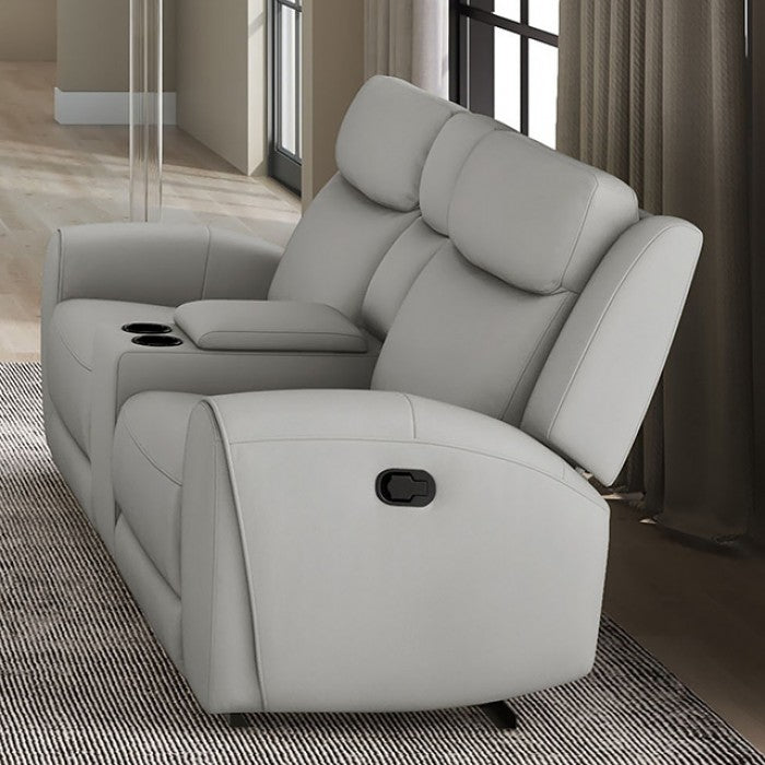 CM9986LG-2PC 2 pc Jacobus light grey top grain leather sofa and love seat with recliners on each end cup console