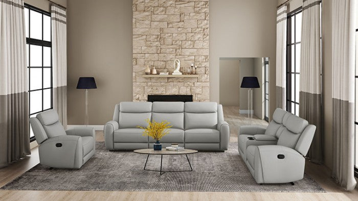 CM9986LG-2PC 2 pc Jacobus light grey top grain leather sofa and love seat with recliners on each end cup console