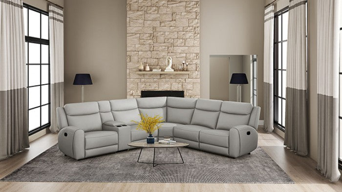 CM9986LG-SECT 6 pc Jacobus light grey top grain leather sectional sofa with recliners on each end cup console
