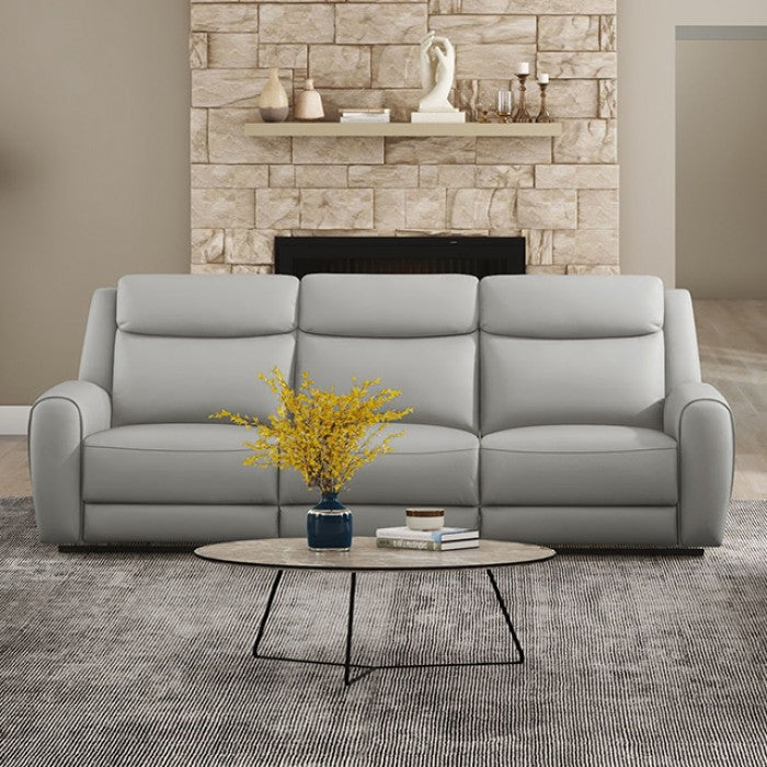 CM9986LG-2PC 2 pc Jacobus light grey top grain leather sofa and love seat with recliners on each end cup console