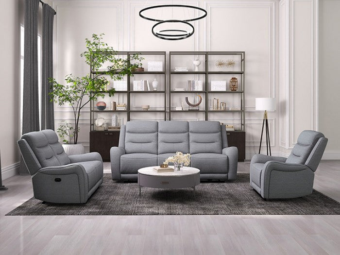 CM9987GY-2PC 2 pc Matthias grey linene like fabric sofa and love seat with recliners on each end