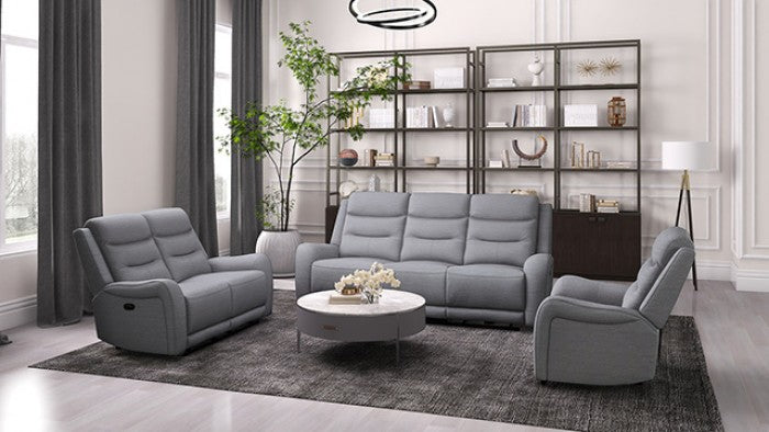 CM9987GY-2PC 2 pc Matthias grey linene like fabric sofa and love seat with recliners on each end
