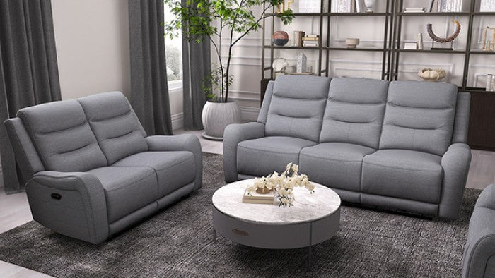 CM9987GY-2PC 2 pc Matthias grey linene like fabric sofa and love seat with recliners on each end