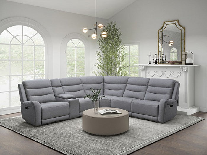 CM9987GY-SECT 3 pc Matthias grey linen like fabric sectional sofa with recliners on each end cup console