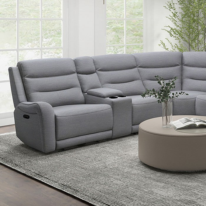 CM9987GY-SECT 3 pc Matthias grey linen like fabric sectional sofa with recliners on each end cup console