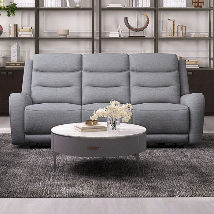 CM9987GY-2PC 2 pc Matthias grey linene like fabric sofa and love seat with recliners on each end