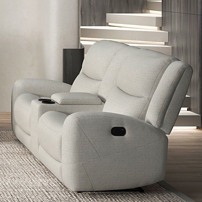 CM9988BG-2PC 2 pc Giraldus beige linen like fabric sofa and love seat with recliners on each end cup console
