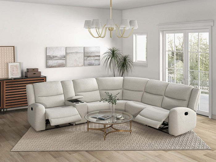 CM9988BG-SECT 3 pc Giraldus beige linen like fabric sectional sofa with recliners on each end cup console
