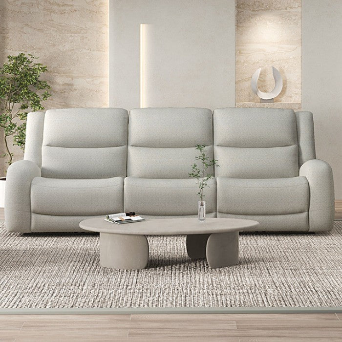 CM9988BG-2PC 2 pc Giraldus beige linen like fabric sofa and love seat with recliners on each end cup console