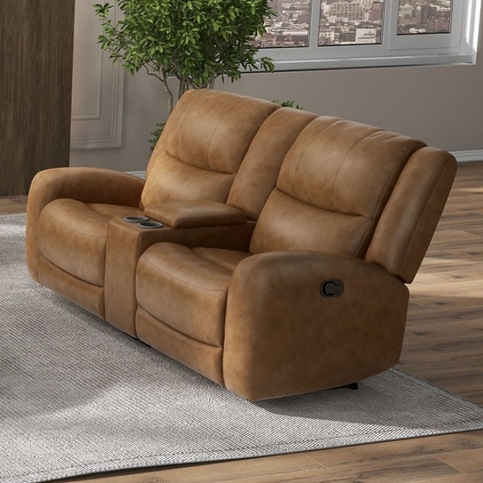 CM9989BR-2PC 2 pc Leolinus brown top grain leather sofa and love seat with recliner ends cup console