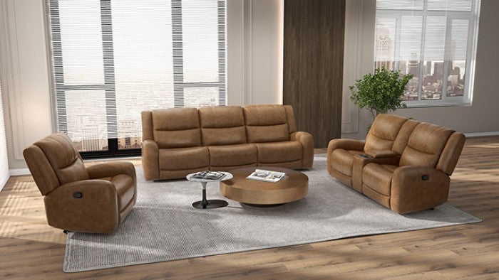 CM9989BR-2PC 2 pc Leolinus brown top grain leather sofa and love seat with recliner ends cup console