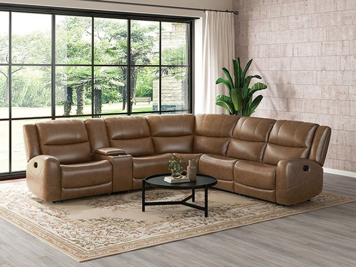 CM9989BR-SECT 3 pc Leolinus brown top grain leather sectional sofa with recliner ends cup console