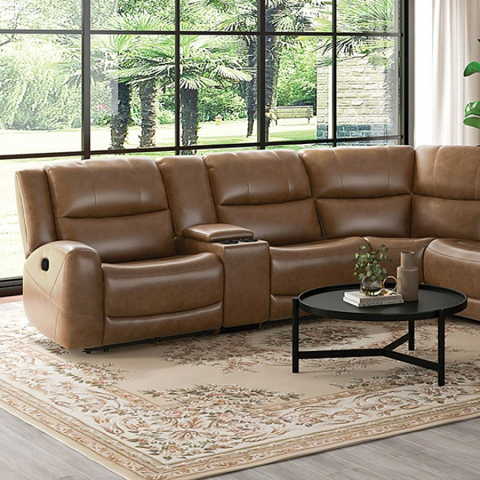 CM9989BR-SECT 3 pc Leolinus brown top grain leather sectional sofa with recliner ends cup console