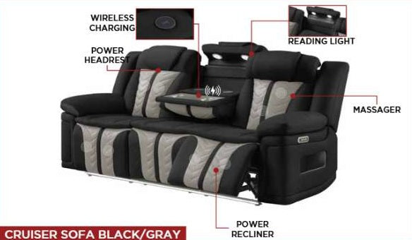 2 pc Cruiser black / grey faux leather power motion sofa and love seat with massagers , wireless charging, LEDS , cup holders