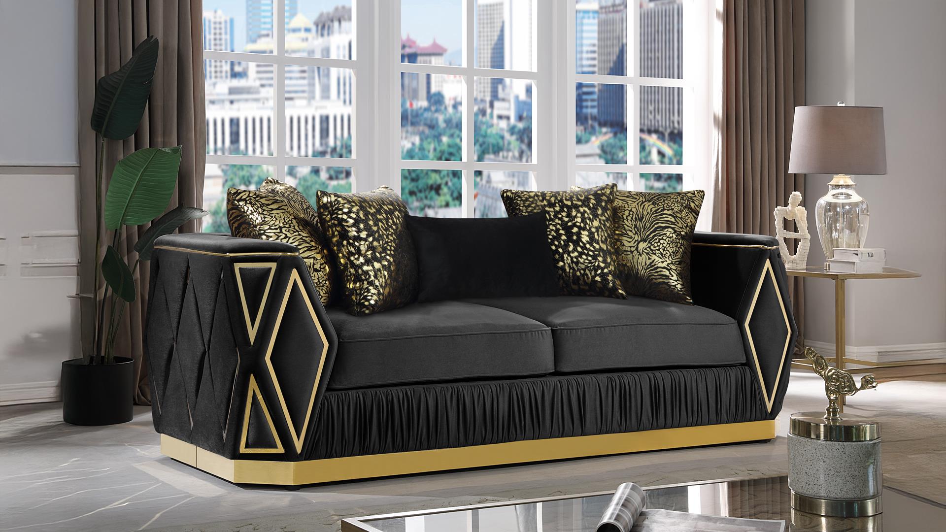 2 pc Cavalli black fabric upholstered diamond pattern arms gold trim accents sofa and love seat set