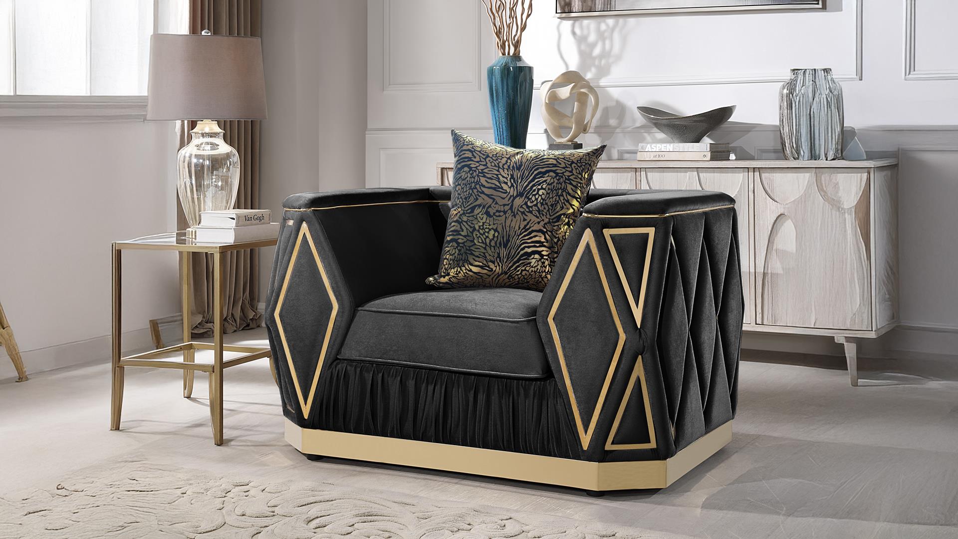 2 pc Cavalli black fabric upholstered diamond pattern arms gold trim accents sofa and love seat set