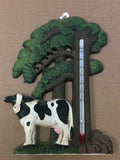 Cast iron cow and tree thermometer wall hanger