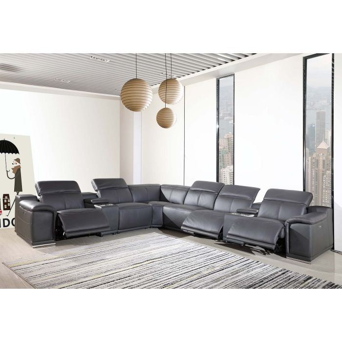 Global United DivanItalia Dark Grey Italian Leather 8-Piece Power Reclining Sectional Sofa with Adjustable Headrests – 9762DG-8PC