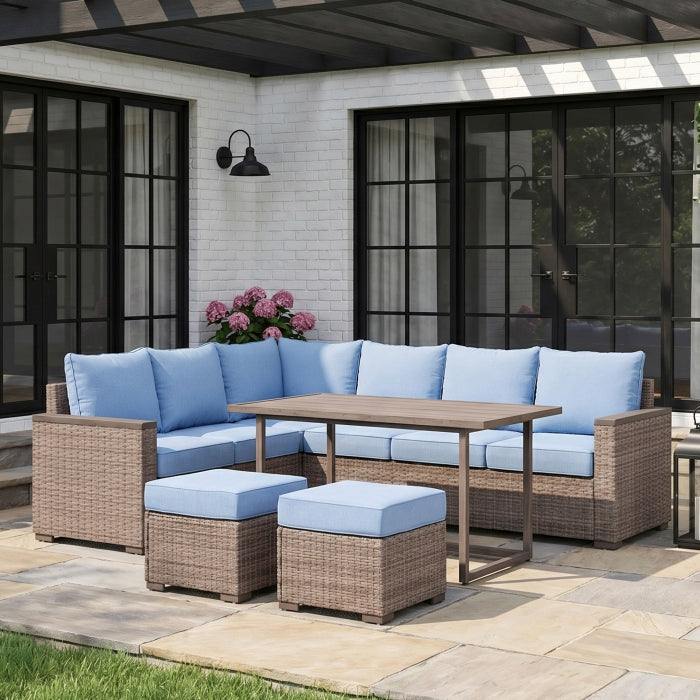 Blue Cushion and Grey Wicker 5-Piece Outdoor Sectional Set with Convertible Table– 70000RBU-SC