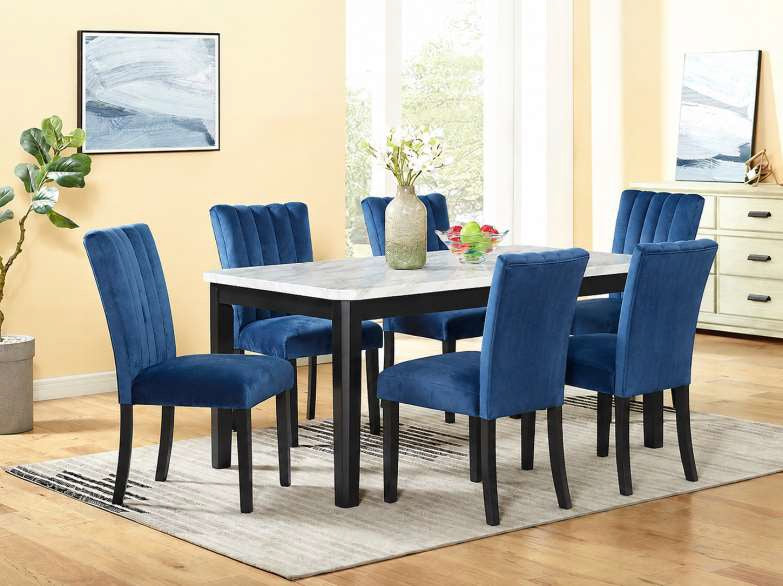 Mc Ferran Mach Black Finish Wood Faux Marble Top 7-Piece Dining Table Set with Blue Velvet Chairs – D548-7PC