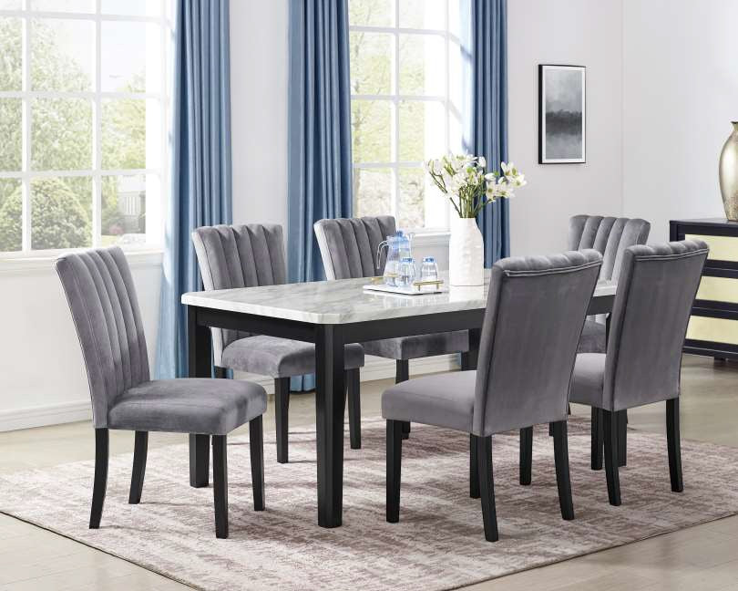 Mc Ferran D549-7PC 7 pc Gracie oak mach black finish wood faux marble top dining table set grey velvet chairs