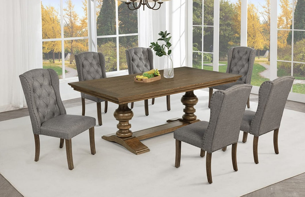 D700-7PC-6WC 7 pc Privett brown oak finish wood trestle base dining table with grey fabric wind back chairs