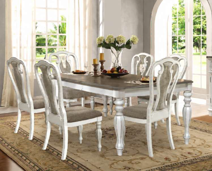 Mc Ferran Martha Country Style Antique White Finish Wood 7-Piece Dining Table Set with Rub-Through Accents – D738-7PC