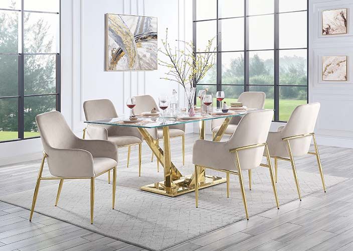Acme DN00219-20 7 pc Barnard mirrored gold metal and clear glass tempered top grey velvet chairs dining table set